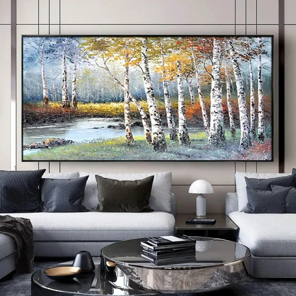 Hand Painted Birch Tree Landscape Oil Painting on Canvas Modern Wall Art for Living Room Decor Salon Artwork Thick Knife Techn