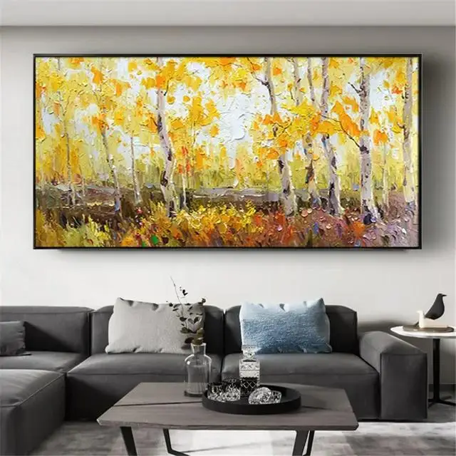 Hand Painted Birch Tree Landscape Oil Painting on Canvas  Modern Wall Art for Living Room Decor Salon Artwork  Thick Knife Techn