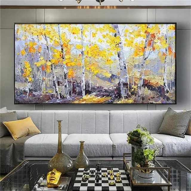 Hand Painted Birch Tree Landscape Oil Painting on Canvas  Modern Wall Art for Living Room Decor Salon Artwork  Thick Knife Techn