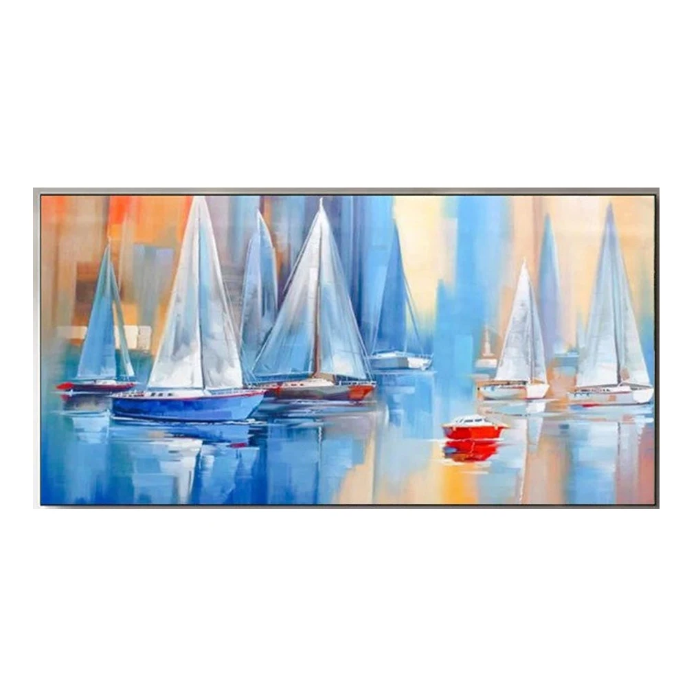 Vibrant Sail Boats Abstract Oil Painting Wall Art for Living Room Painting on Canvas Handmade Oil Painting Home Decor Seascape