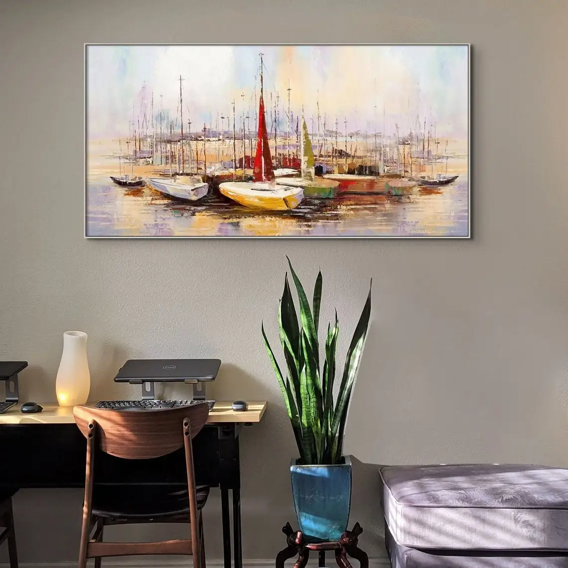 Vibrant Sail Boats Abstract Oil Painting Wall Art for Living Room Painting on Canvas Handmade Oil Painting Home Decor Seascape