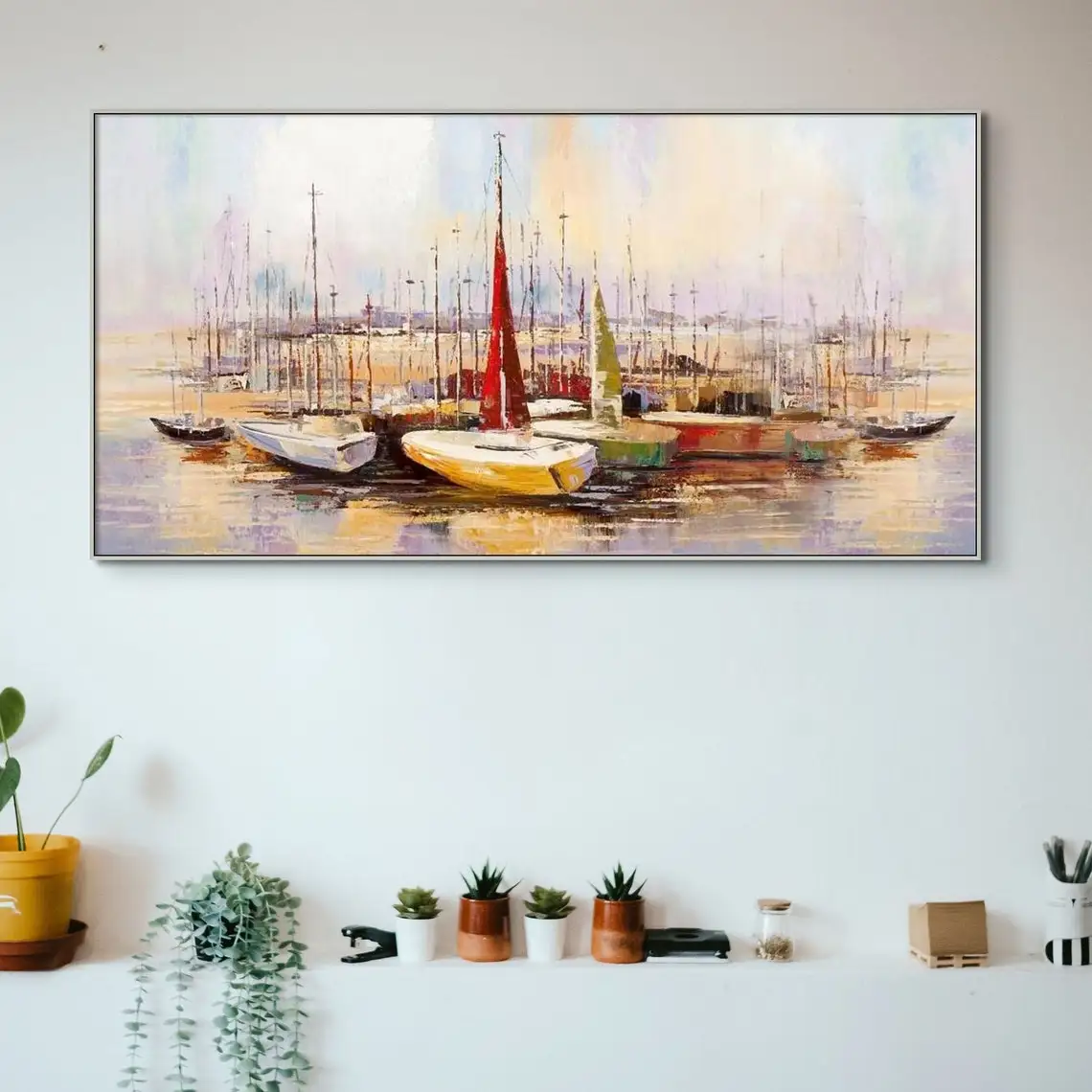 Vibrant Sail Boats Abstract Oil Painting Wall Art for Living Room Painting on Canvas Handmade Oil Painting Home Decor Seascape