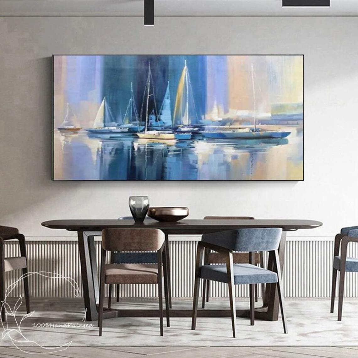 Vibrant Sail Boats Abstract Oil Painting Wall Art for Living Room Painting on Canvas Handmade Oil Painting Home Decor Seascape