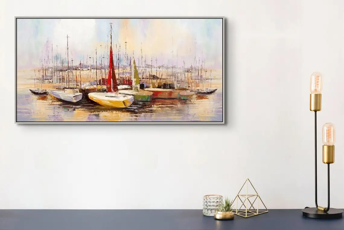 Vibrant Sail Boats Abstract Oil Painting Wall Art for Living Room Painting on Canvas Handmade Oil Painting Home Decor Seascape