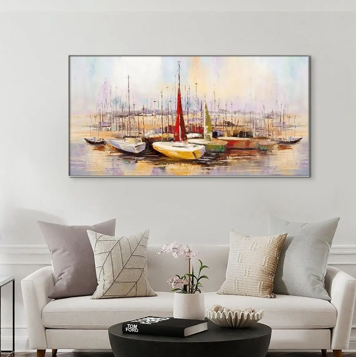 Vibrant Sail Boats Abstract Oil Painting Wall Art for Living Room Painting on Canvas Handmade Oil Painting Home Decor Seascape