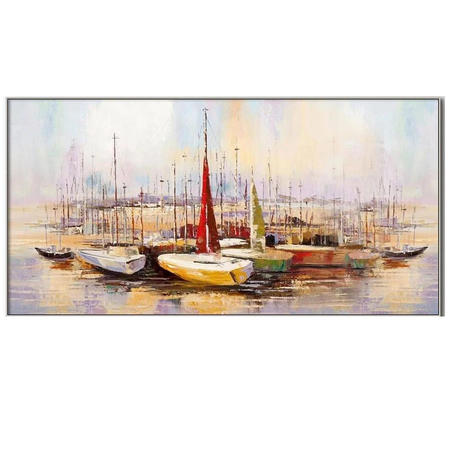 Vibrant Sail Boats Abstract Oil Painting Wall Art for Living Room Painting on Canvas Handmade Oil Painting Home Decor Seascape