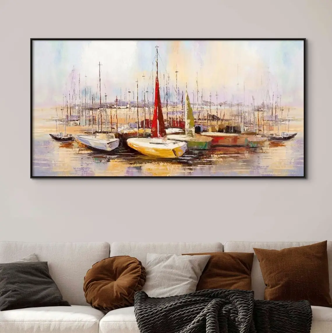 Vibrant Sail Boats Abstract Oil Painting Wall Art for Living Room Painting on Canvas Handmade Oil Painting Home Decor Seascape