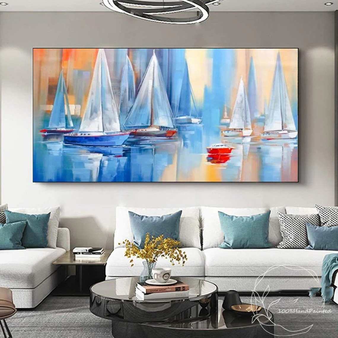Vibrant Sail Boats Abstract Oil Painting Wall Art for Living Room Painting on Canvas Handmade Oil Painting Home Decor Seascape