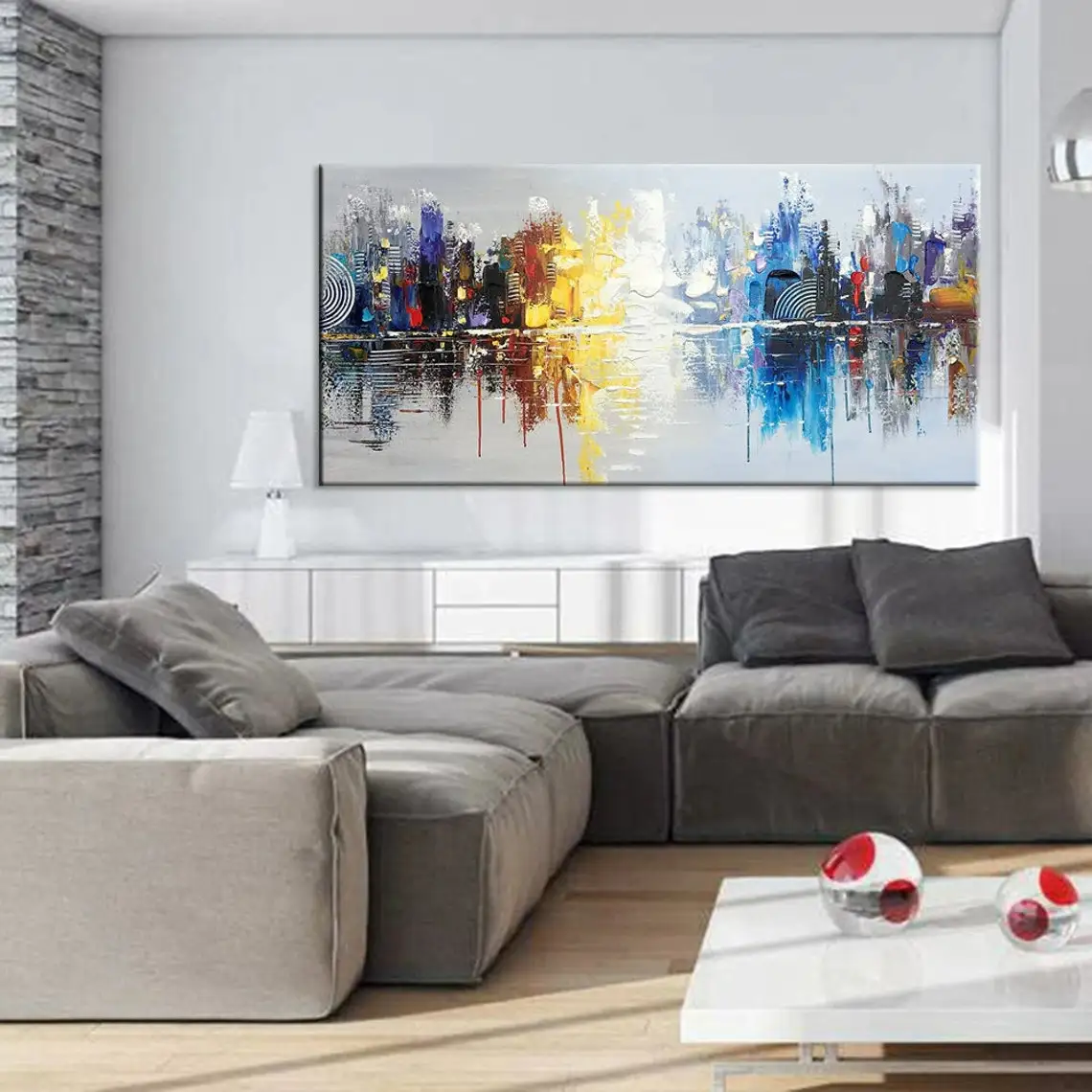 Abstract Cityscape Texture Oil Painting Canvas Colorful Night Landscape Acrylic Modern Skyline Wall Art Bedroom Home Decor Gifts