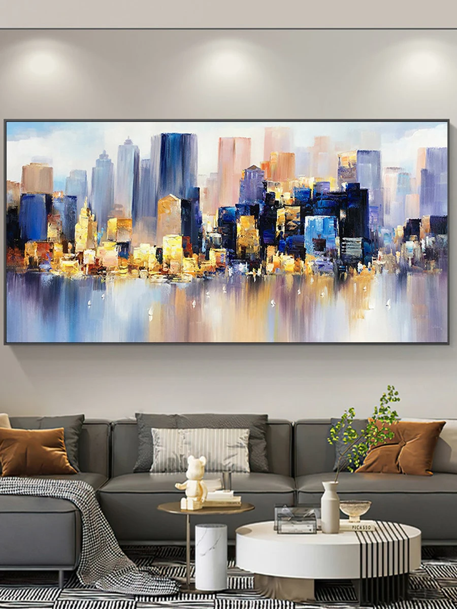 Abstract Cityscape Texture Oil Painting Canvas Colorful Night Landscape Acrylic Modern Skyline Wall Art Bedroom Home Decor Gifts