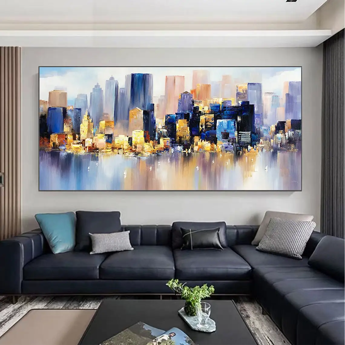 Abstract Cityscape Texture Oil Painting Canvas Colorful Night Landscape Acrylic Modern Skyline Wall Art Bedroom Home Decor Gifts