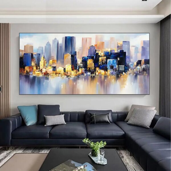Abstract Cityscape Texture Oil Painting Canvas Colorful Night Landscape Acrylic Modern Skyline Wall Art Bedroom Home Decor Gifts - Image 3