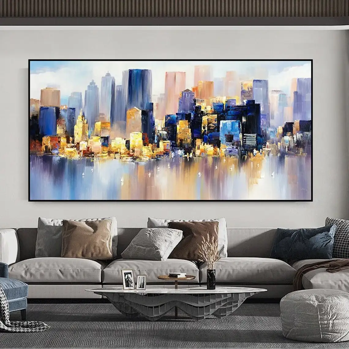 Abstract Cityscape Texture Oil Painting Canvas Colorful Night Landscape Acrylic Modern Skyline Wall Art Bedroom Home Decor Gifts