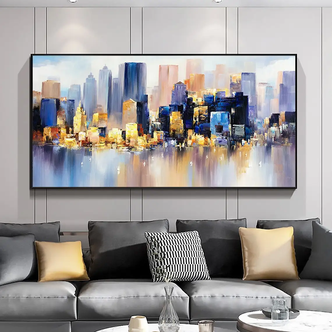 Abstract Cityscape Texture Oil Painting Canvas Colorful Night Landscape Acrylic Modern Skyline Wall Art Bedroom Home Decor Gifts