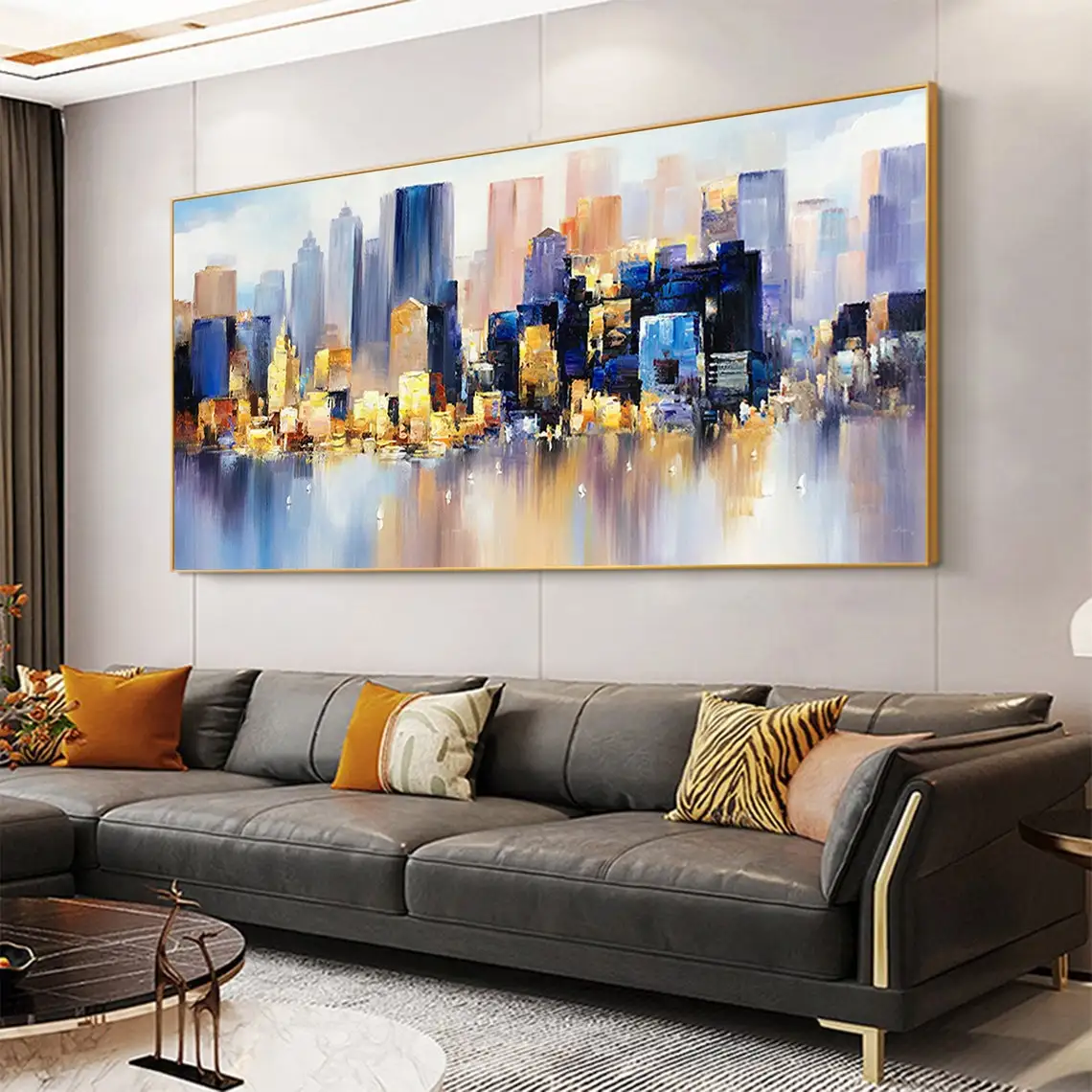 Abstract Cityscape Texture Oil Painting Canvas Colorful Night Landscape Acrylic Modern Skyline Wall Art Bedroom Home Decor Gifts