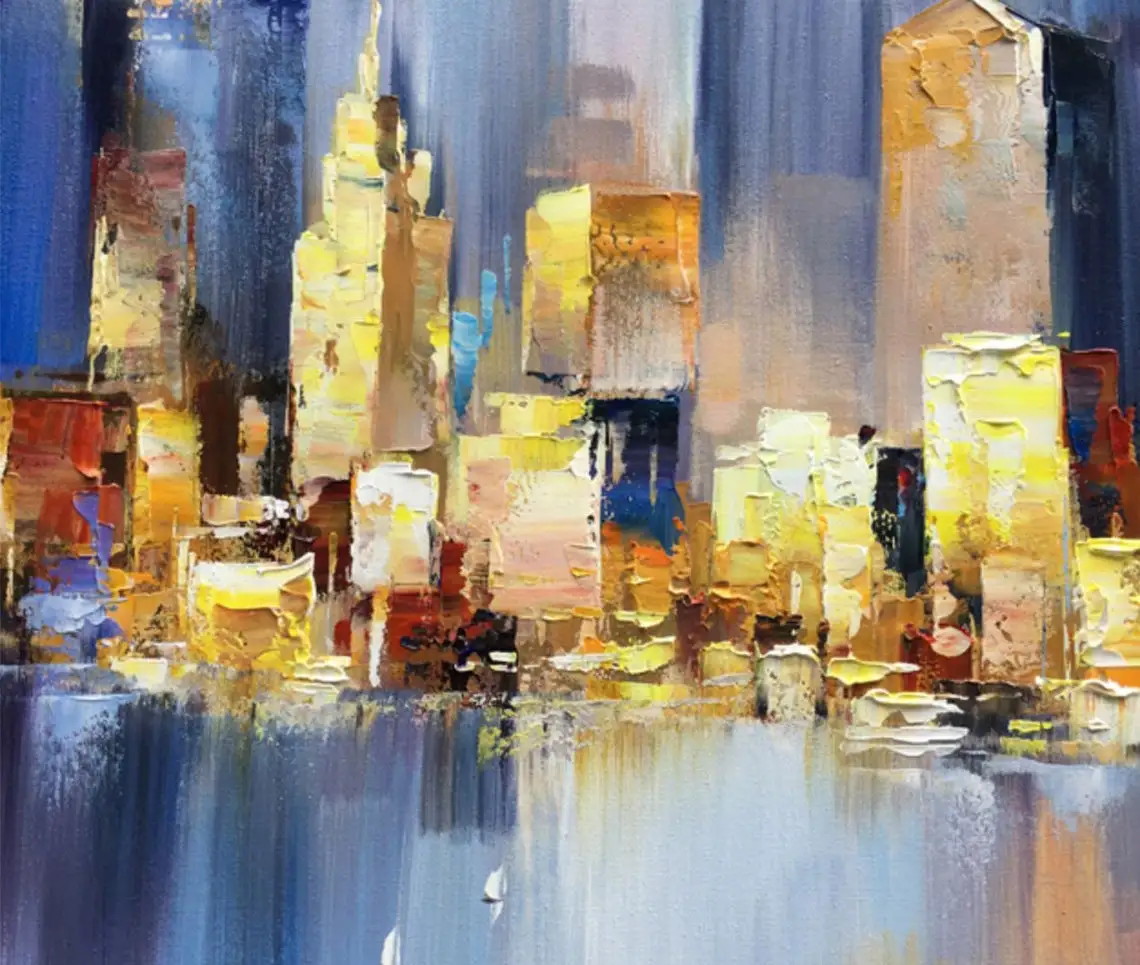 Abstract Cityscape Texture Oil Painting Canvas Colorful Night Landscape Acrylic Modern Skyline Wall Art Bedroom Home Decor Gifts