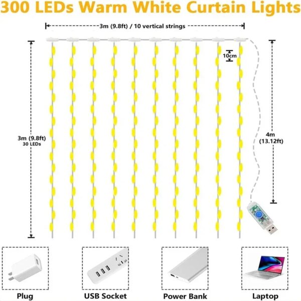 3M LED Curtain String Lights Fairy Decoration USB Holiday Garland Lamp 8 Mode For Home Garden Christmas Party New Year Wedding - Image 6
