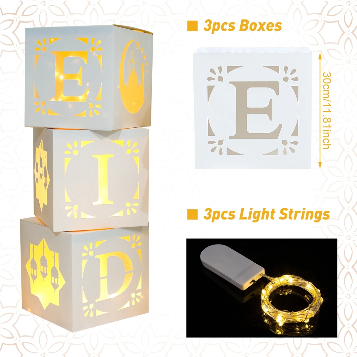Eid Mubarak Letter Box Hollow Light String Ramadan Kareem Decoration For Home Muslim Islamic Ramadan Box Eid Al-fitr Gifts 2025
