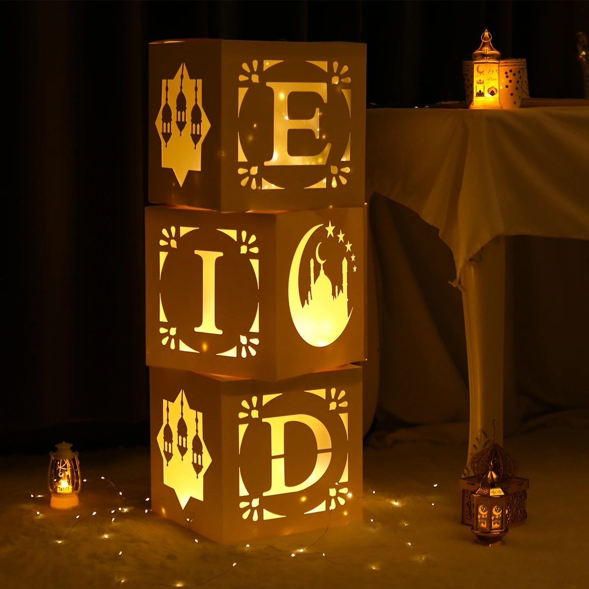 Eid Mubarak Letter Box Hollow Light String Ramadan Kareem Decoration For Home Muslim Islamic Ramadan Box Eid Al-fitr Gifts 2025