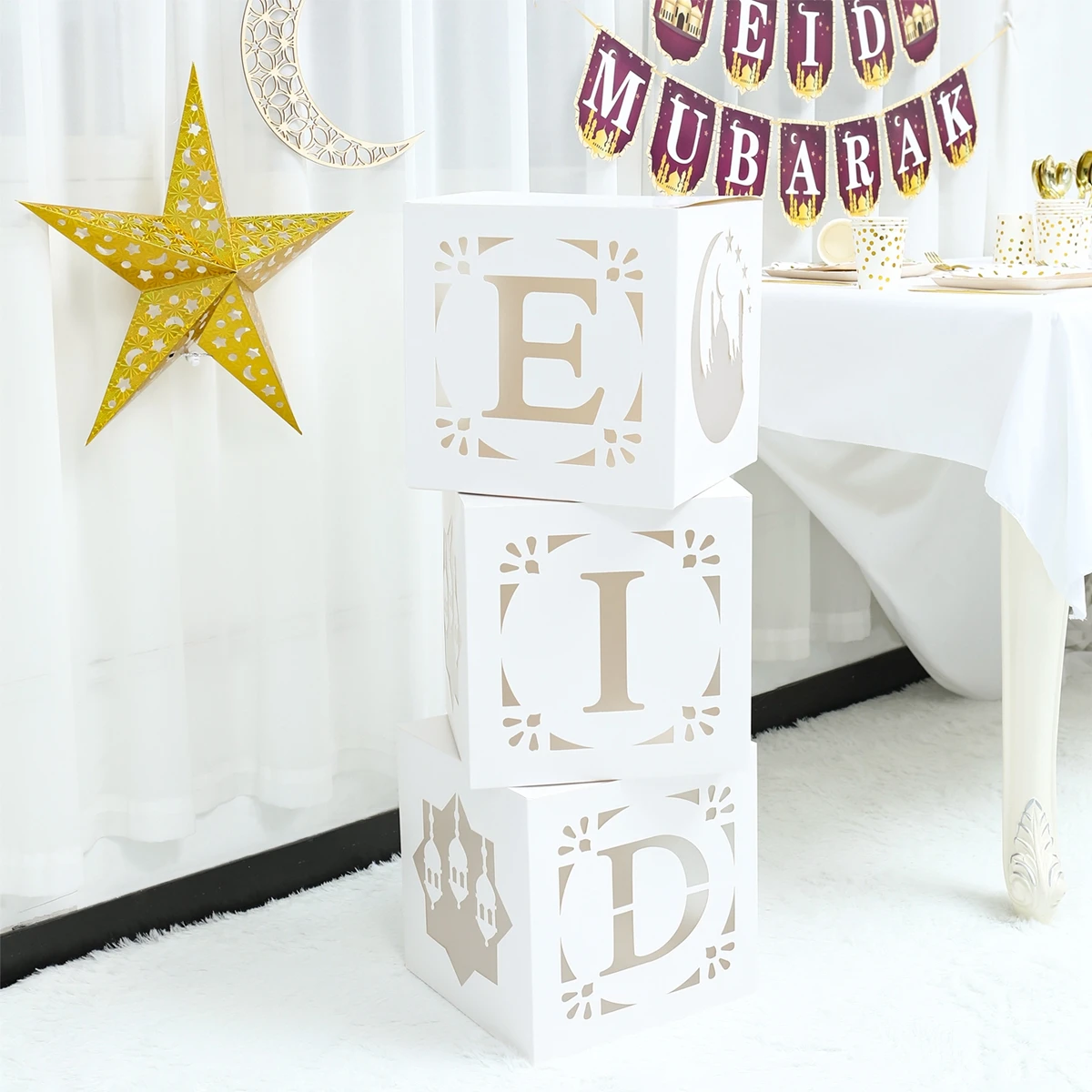 Eid Mubarak Letter Box Hollow Light String Ramadan Kareem Decoration For Home Muslim Islamic Ramadan Box Eid Al-fitr Gifts 2025