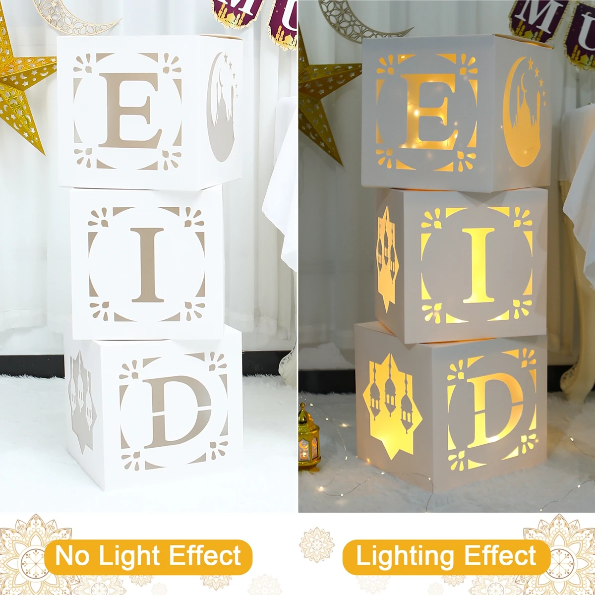 Eid Mubarak Letter Box Hollow Light String Ramadan Kareem Decoration For Home Muslim Islamic Ramadan Box Eid Al-fitr Gifts 2025
