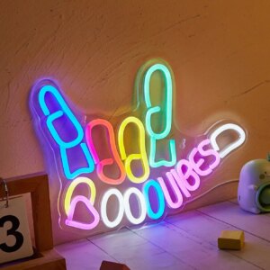 Chi-buy LED Neon Good Vibes Rock USB Powered Neon Signs Night Light 3D Wall Art & Game Room Bedroom Living Room Decor Lamp Signs