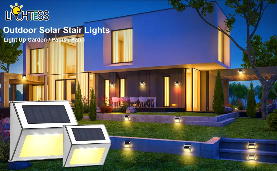 Lightess Solar Lights for Steps Deck Solar Stair Light Outdoor Waterproof Stainless Steel LED Fence Light for Garden Pathway