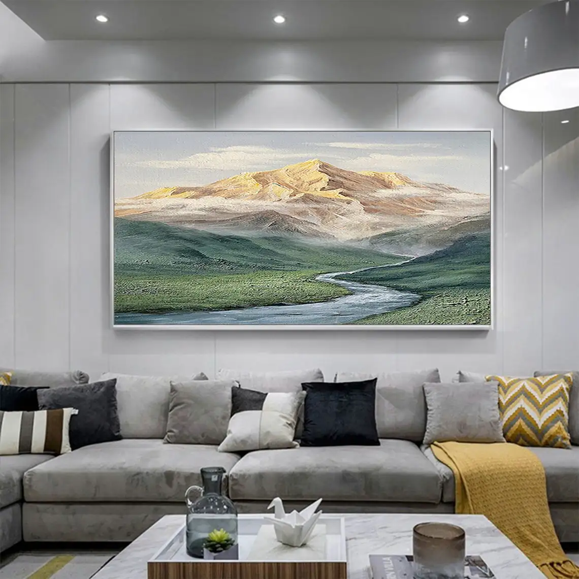 Abstract Mountain Oil Painting on Canvas Green Landscape Acrylic Painting Custom Gift Art Large Wall Art Living Room Home Decor