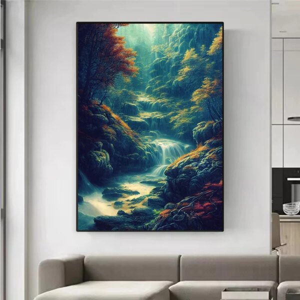 Natural Waterfall Paradise Green Mountain Forest Lake Landscape Poster Canvas Painting Wall Art Pictures Home Decor Gift - Image 2