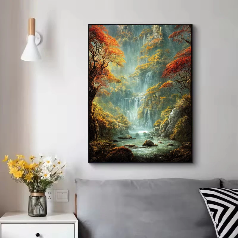 Natural Waterfall Paradise Green Mountain Forest Lake Landscape Poster Canvas Painting Wall Art Pictures Home Decor Gift