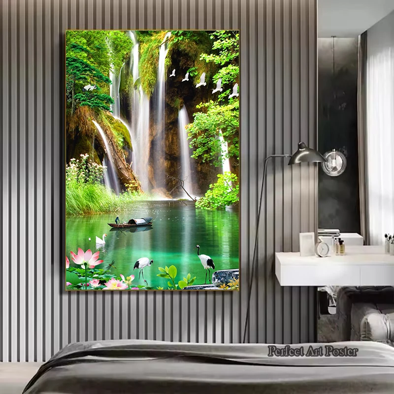 Natural Waterfall Paradise Green Mountain Forest Lake Landscape Poster Canvas Painting Wall Art Pictures Home Decor Gift
