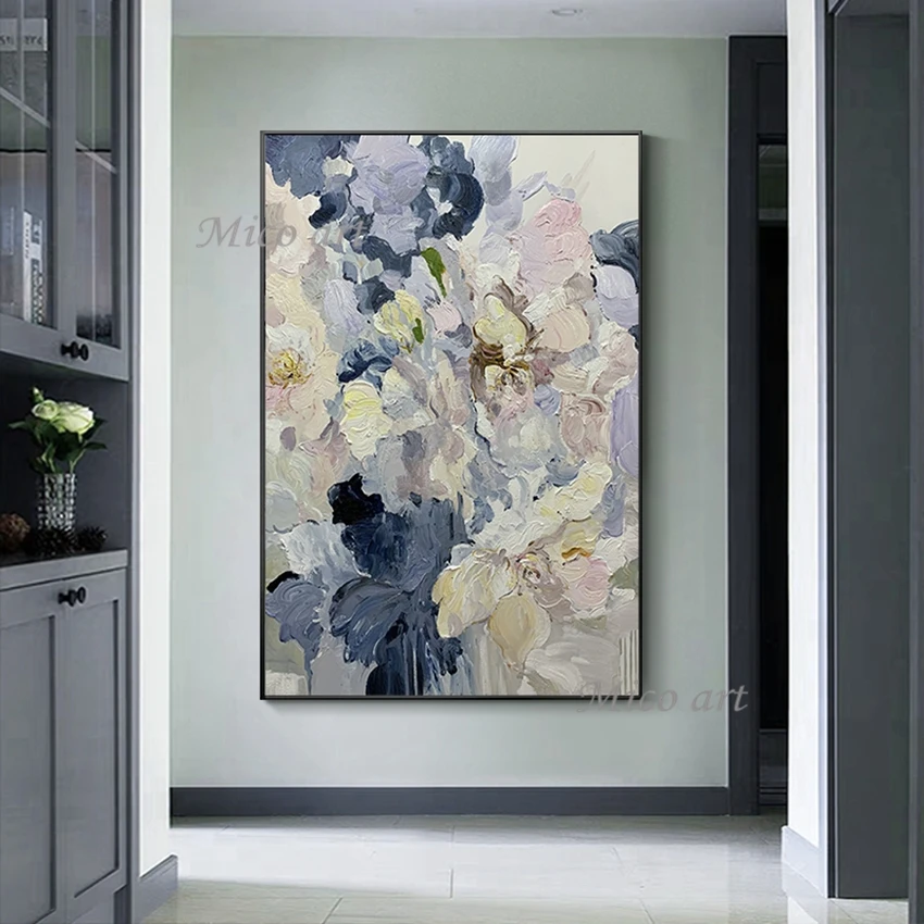 Hand Painted Purple Flower Painting Oil Painting Handmade Knife Flower Canvas Painting Modern Artist Home Decoration Wall Art