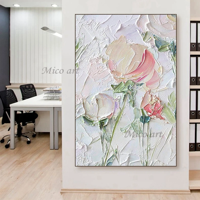 Hand Painted Purple Flower Painting Oil Painting Handmade Knife Flower Canvas Painting Modern Artist Home Decoration Wall Art