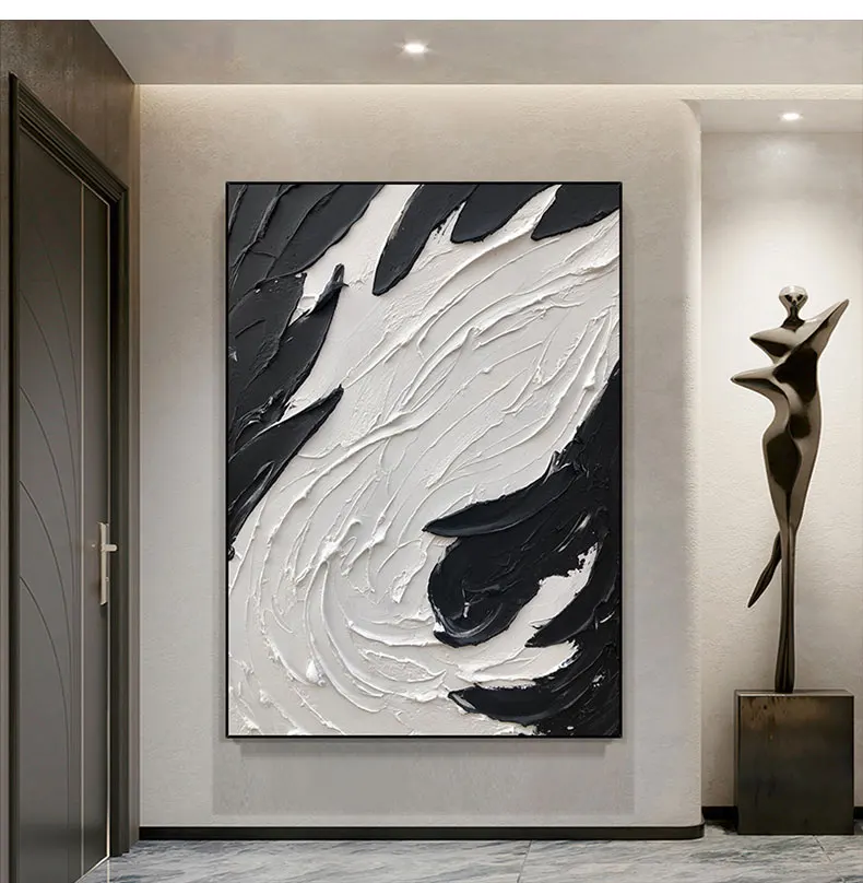100% Handmade Modern Abstract New Large Original Black And White Thick Oil Painting On Canvas Handpainted Textured Wall Art