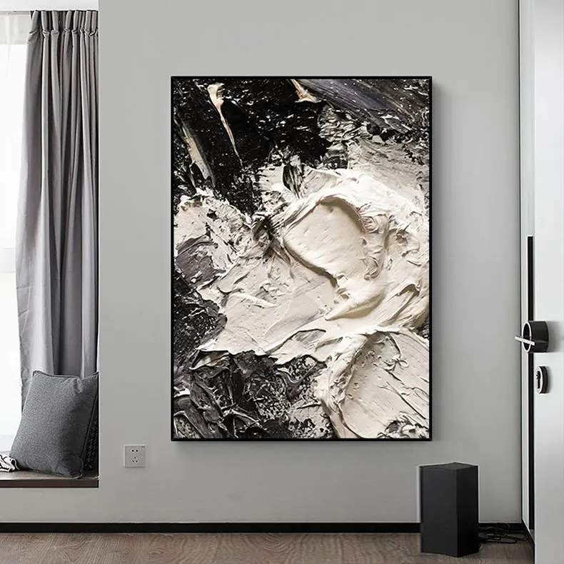 100% Handmade Modern Abstract New Large Original Black And White Thick Oil Painting On Canvas Handpainted Textured Wall Art