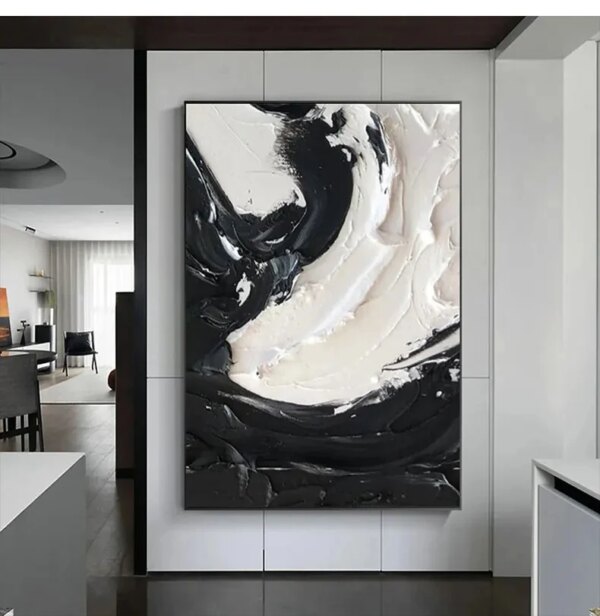 100% Handmade Modern Abstract New Large Original Black And White Thick Oil Painting On Canvas Handpainted Textured Wall Art - Image 4