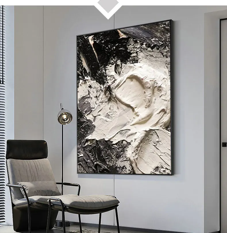 100% Handmade Modern Abstract New Large Original Black And White Thick Oil Painting On Canvas Handpainted Textured Wall Art