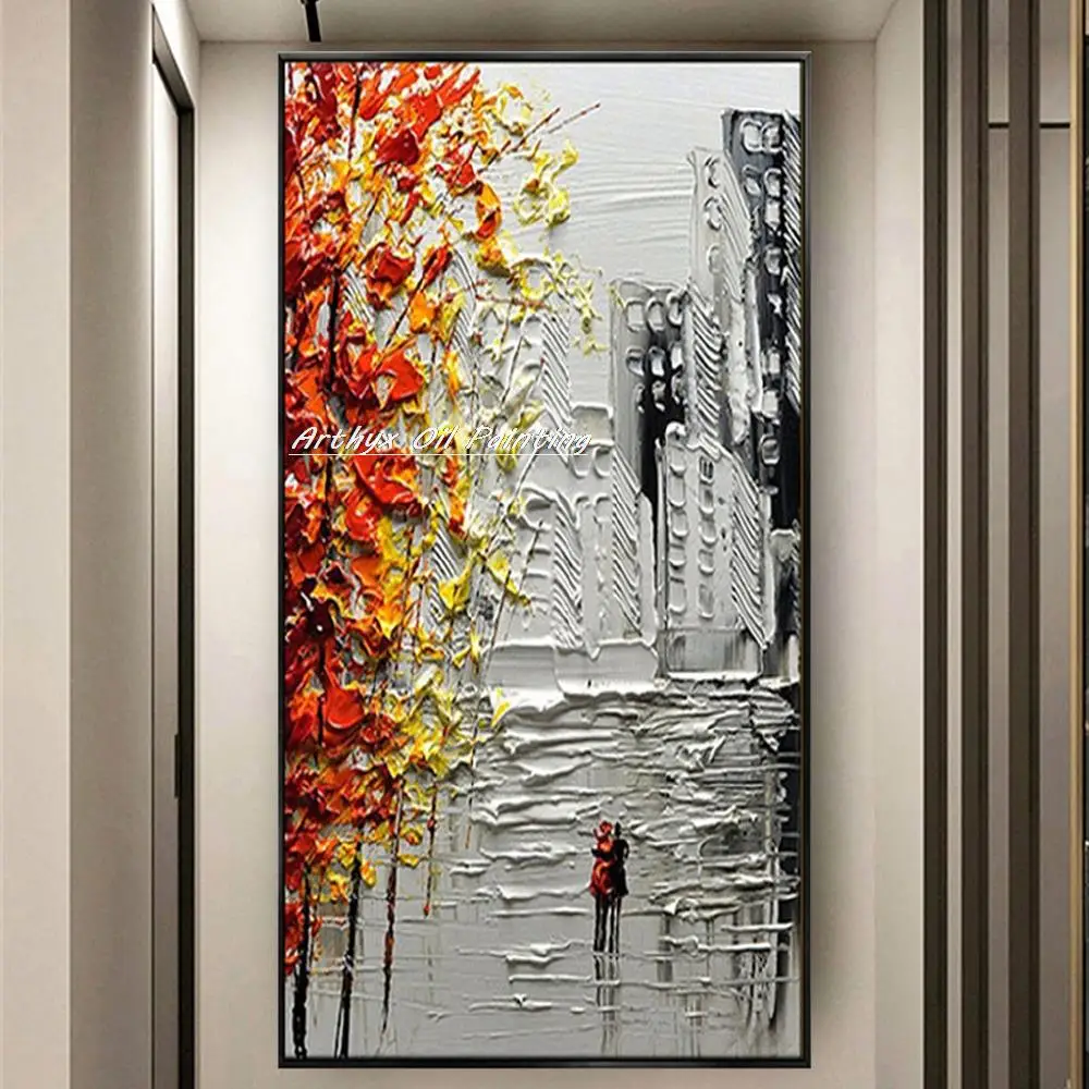 Arthyx Handmade Thick Texture Abstract City Landscape Oil Paintings On Canvas,Modern Wall Art,Picture For Living Room,Home Decor
