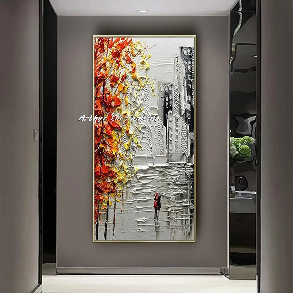 Arthyx Handmade Thick Texture Abstract City Landscape Oil Paintings On Canvas,Modern Wall Art,Picture For Living Room,Home Decor