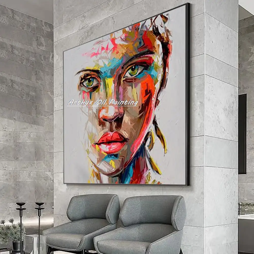 Arthyx,Handpainted Palette Knife Face Figure Oil Paintings On Canvas,Modern Abstract Wall Art Picture For Living Room Home Decor