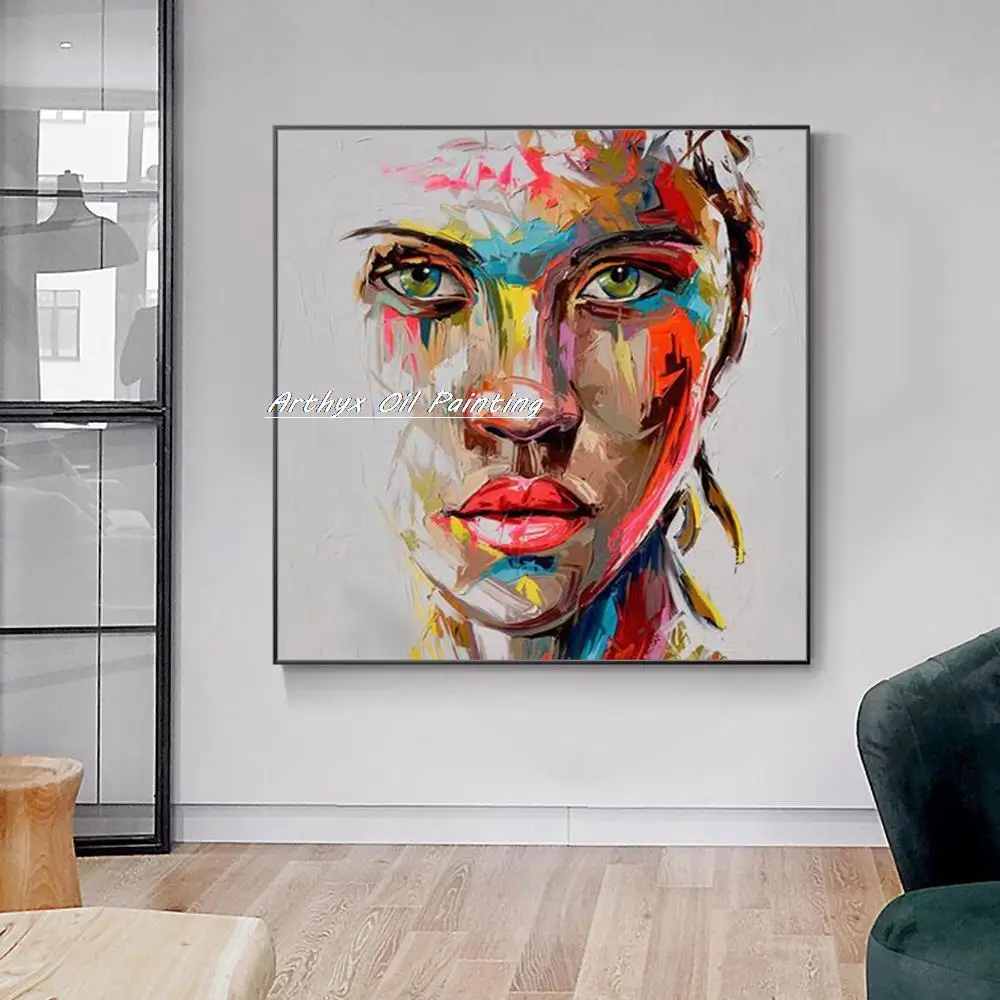 Arthyx,Handpainted Palette Knife Face Figure Oil Paintings On Canvas,Modern Abstract Wall Art Picture For Living Room Home Decor