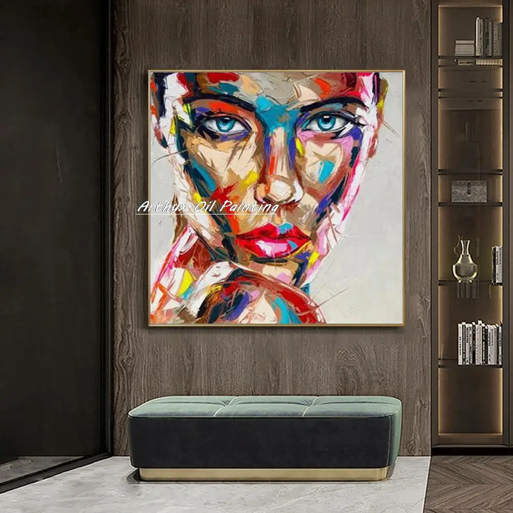 Arthyx,Handpainted Palette Knife Face Figure Oil Paintings On Canvas,Modern Abstract Wall Art Picture For Living Room Home Decor