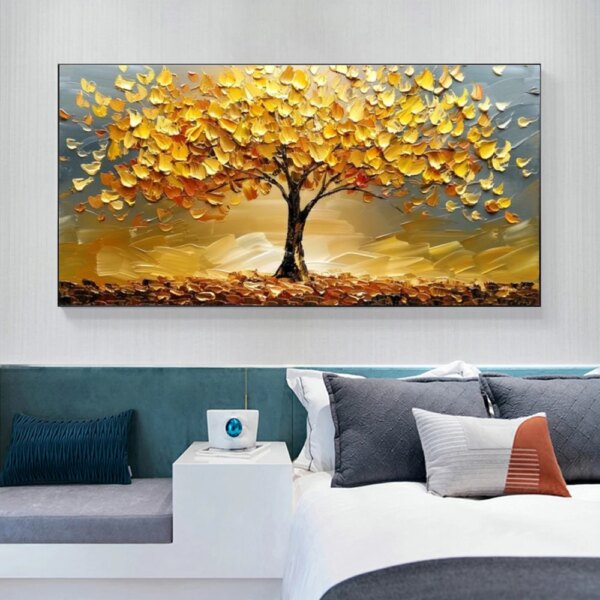 Abstract Golden Tree Prints Oil Painting on Canvas Yellow Life Tree Wall Art Modern Lucky Money Tree Canvas Poster Home Decor - Image 3