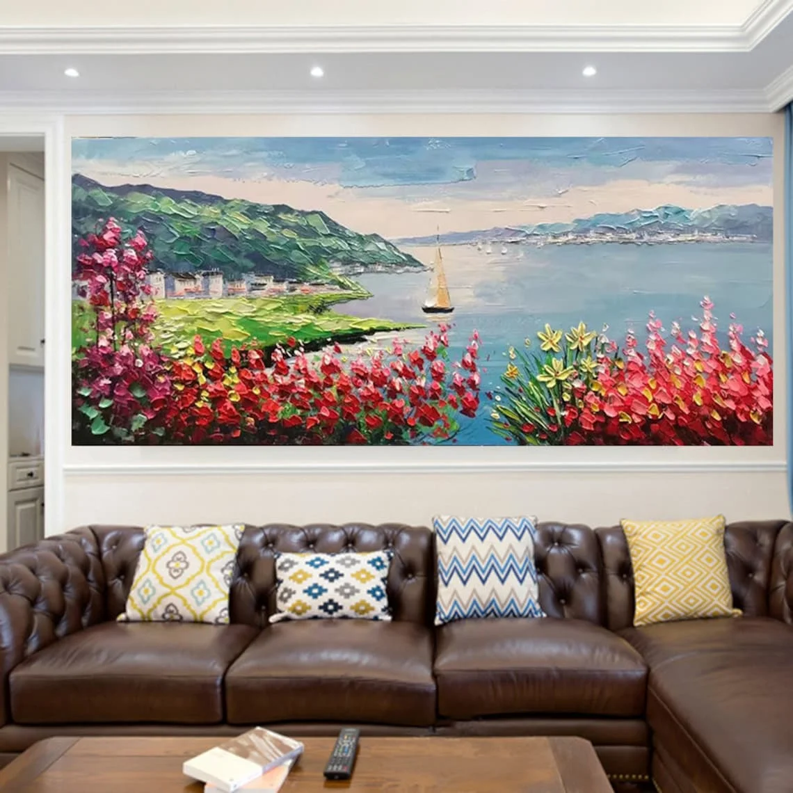 Landscape Handmade Oil Painting Palette Knife Tree of Life Painting Moutain and Red Flower Oil Painting On Canvas Lake Landscape