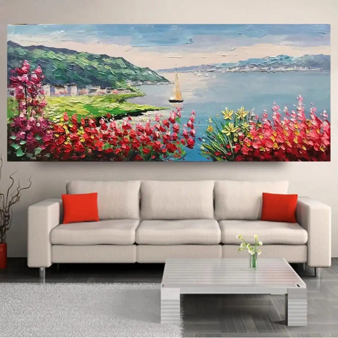 Landscape Handmade Oil Painting Palette Knife Tree of Life Painting Moutain and Red Flower Oil Painting On Canvas Lake Landscape