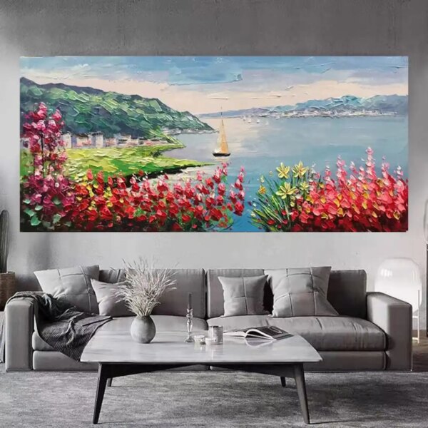 Landscape Handmade Oil Painting Palette Knife Tree of Life Painting Moutain and Red Flower Oil Painting On Canvas Lake Landscape - Image 3