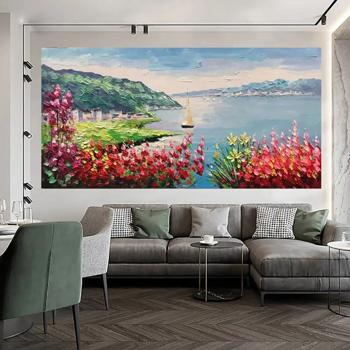 Landscape Handmade Oil Painting Palette Knife Tree of Life Painting Moutain and Red Flower Oil Painting On Canvas Lake Landscape
