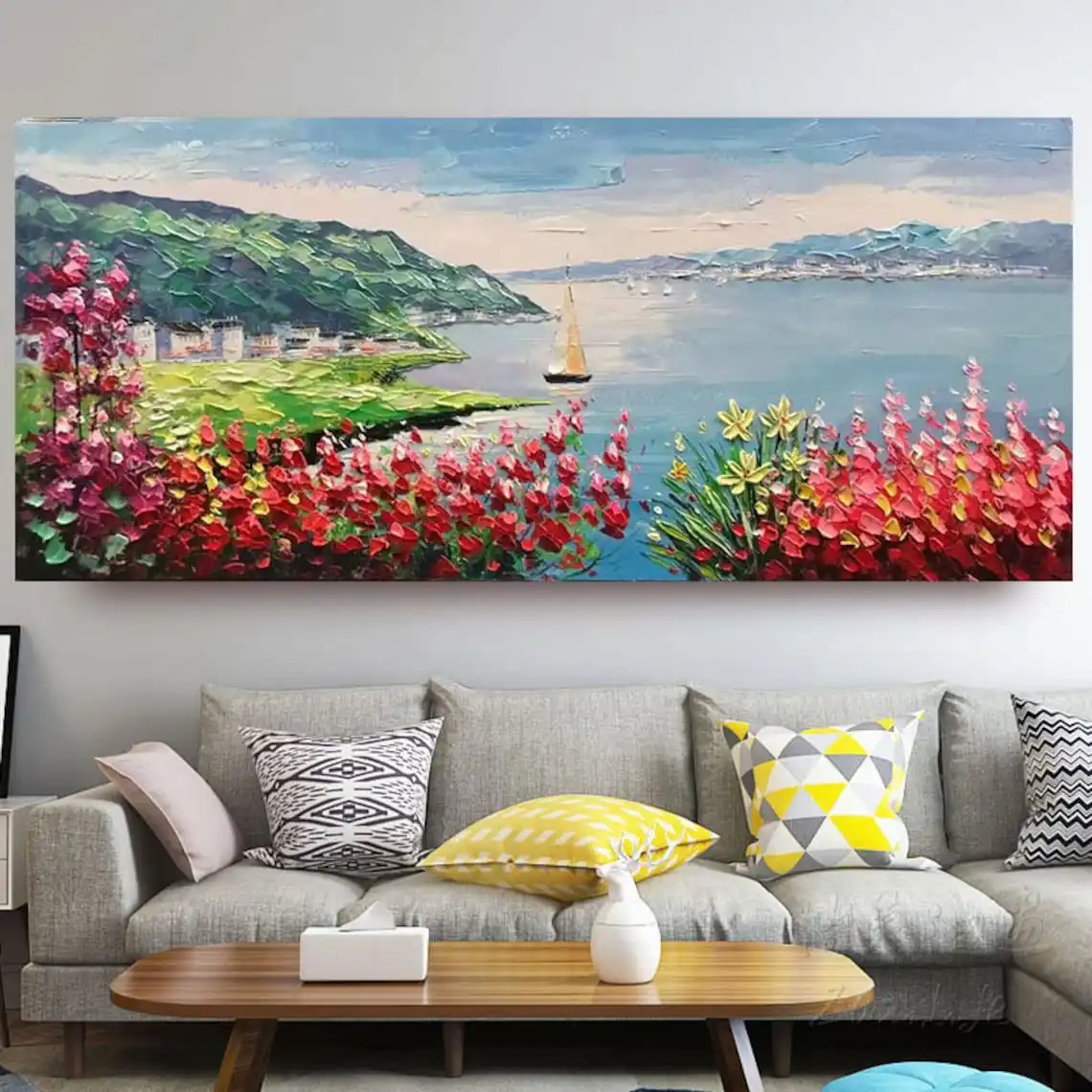 Landscape Handmade Oil Painting Palette Knife Tree of Life Painting Moutain and Red Flower Oil Painting On Canvas Lake Landscape
